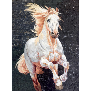 Horse Mosaic Tiles – White Horse Running Artwork – Handmade Animal Mosaic Tiles for Interior and Living Room Walls Decor