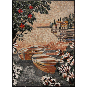 Coastal Boats Landscape Handmade Marble Mosaic Art