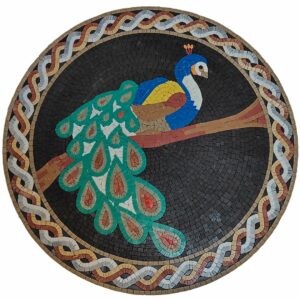 Peacock on Branch with Braid Mosaic – Elegant Artwork (50 x 50 cm)